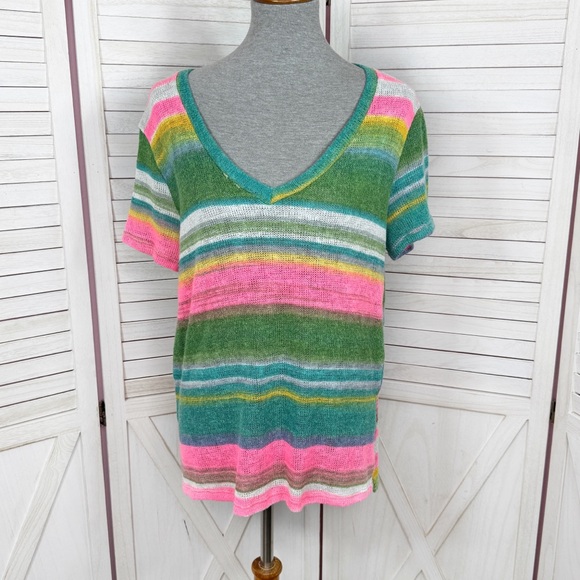 Cherish Striped Mesh Knit V Neck Short Sleeve Tee Shirt Green Pink Small - Picture 1 of 11